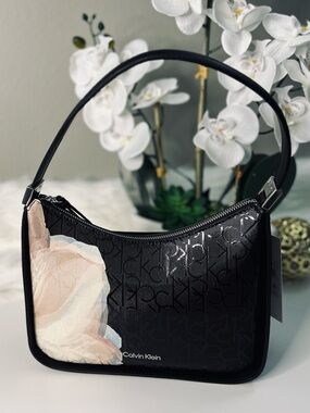 Calvin Klein Black Shoulder Bag with Blush Floral Accent